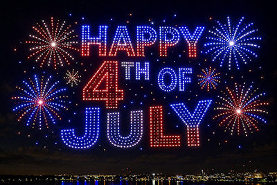 Drone Show image similar to aerial fireworks displaying Happy 4th of July