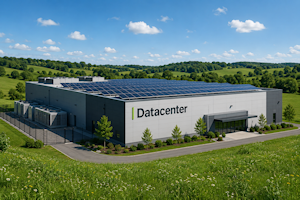 Image of a datacenter sitting in a small valley with grassy hills